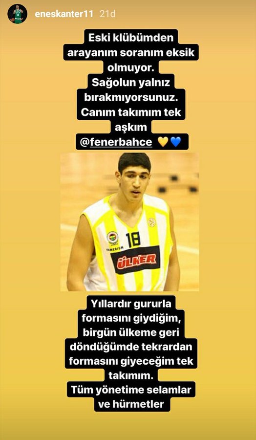 'Eski kulübümden arayanım soranım eksik olmuyor' diyen Enes Kanter'e Fenerbahçe'den yanıt