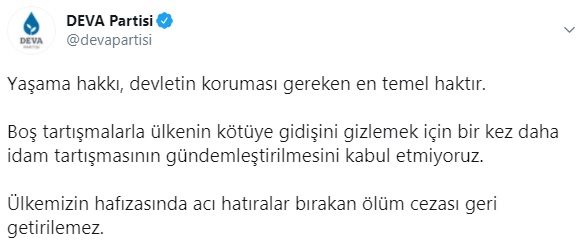 DEVA Partisi'nden 'idam' çıkışı: Ülkemizin hafızasında acı hatıralar bırakan ölüm cezası geri getirilemez