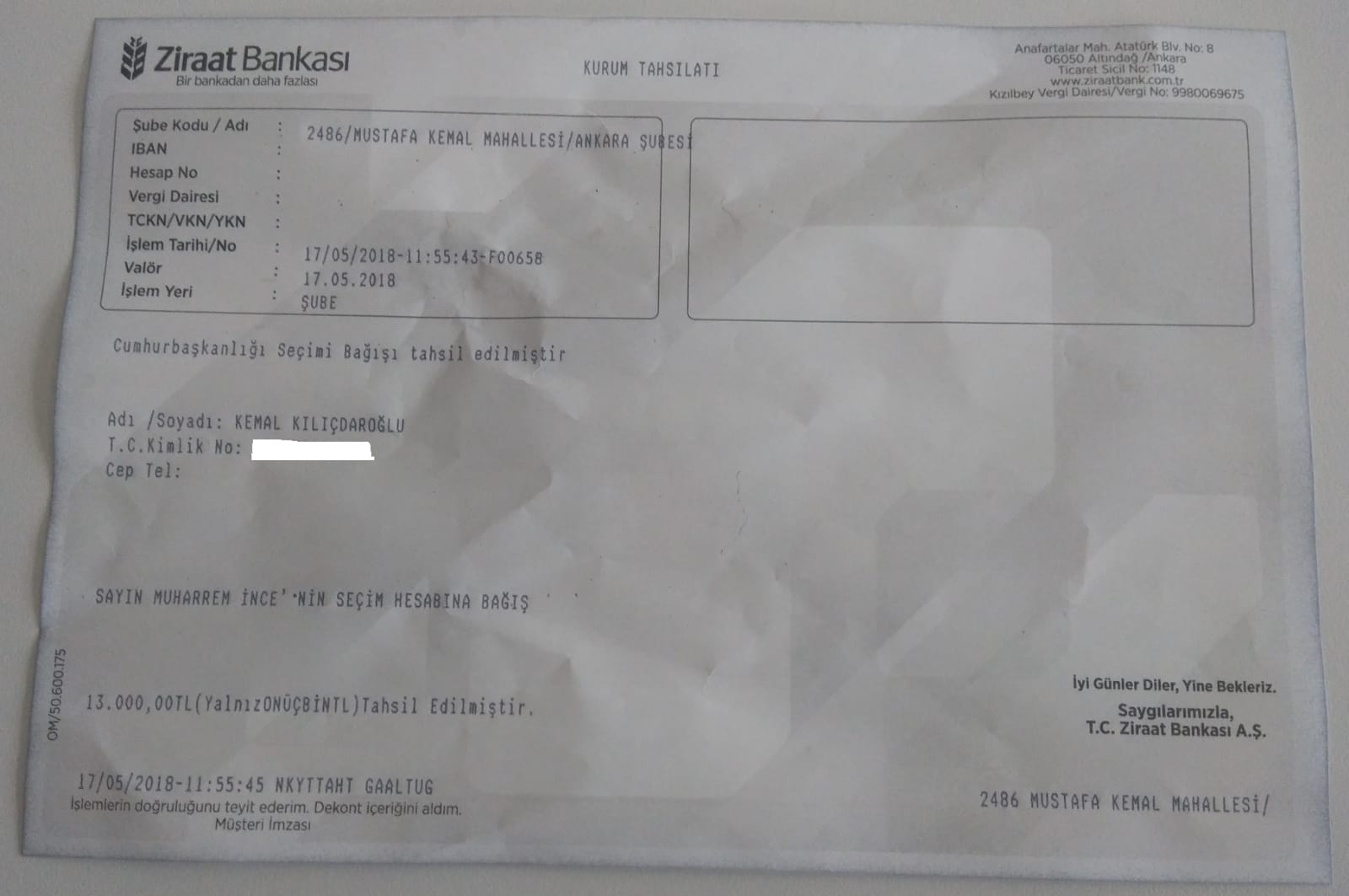 Kemal Kılıçdaroğlu'ndan Muharrem İnce'nin seçim kampanyasına 13 bin lira