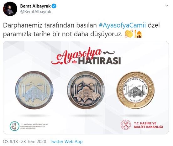 Bakan Albayrak paylaştı! İşte Ayasofya Camii için basılan özel para…