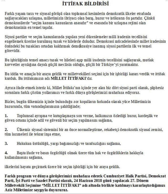 Muhalefetin dörtlü ittifak protokolü YSK'ya verildi!
