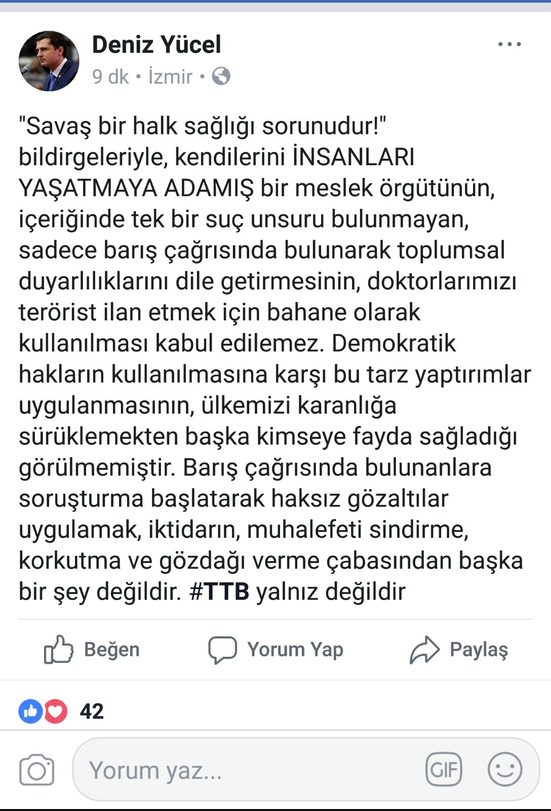 Yücel’den TTB’ye destek