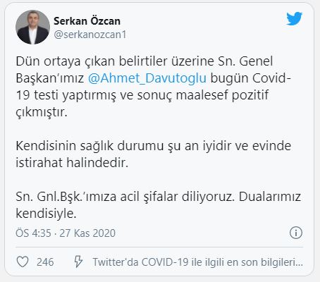Davutoğlu'nun Covid-19 testi pozitif çıktı