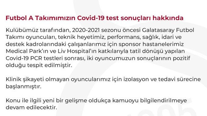 Galatasaray'da iki futbolcunun koronavirüs testi pozitif çıktı
