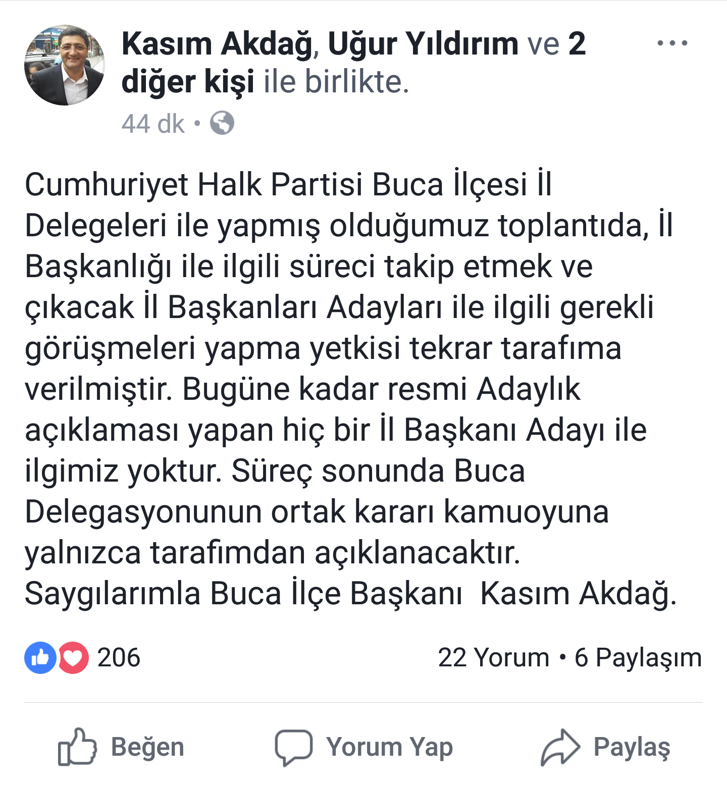 CHP Buca İlçe Başkanı Kasım Akdağ: "Hiçbir il başkanı adayı ile ilgimiz yoktur"