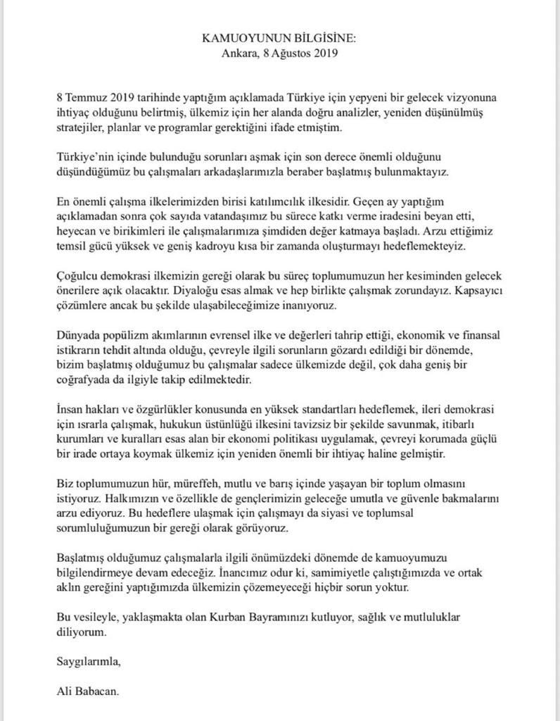 Babacan yeni parti çalışmalarına başladıklarını duyurdu