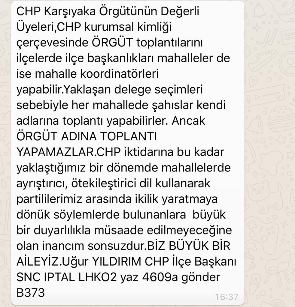 KARŞIYAKA CHP’DEN “KİMSE ÖRGÜT ADINA TOPLANTI YAPAMAZ” SMS’İ