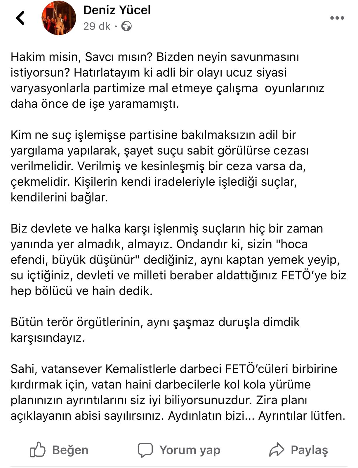 CHP'li Yücel'den, Ak Parti Dağ'a; "Vatan haini darbecilerle kol kola yürümenin…"