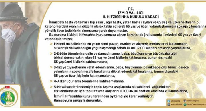 İzmir'de Kovid-19 nedeniyle 65 yaş ve üstü vatandaşlara yönelik yeni tedbirler