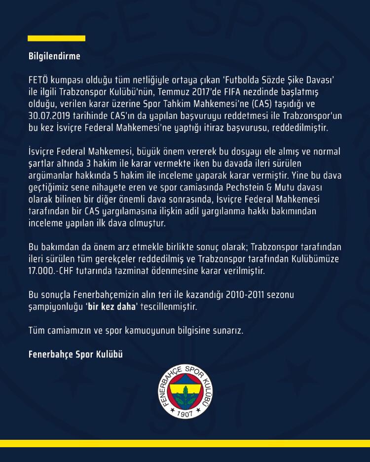 Fenerbahçe'den flaş açıklama! "Trabzonspor'un başvurusu reddedilmiştir"