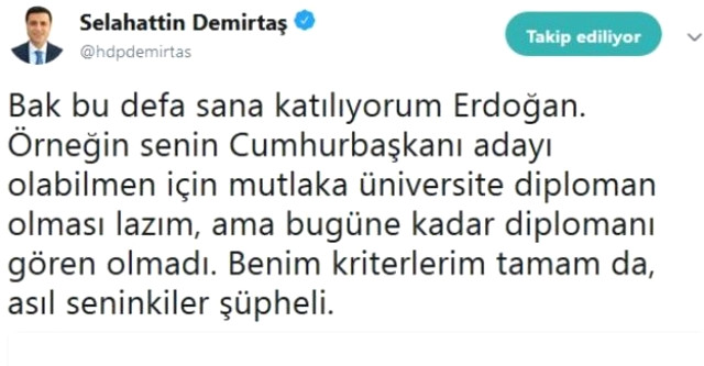 Erdoğan'nın "Adaylığı Yanlış" Dediği Demirtaş, Twitter'dan Cevap Verdi