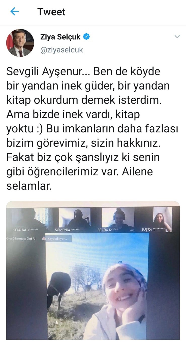 İnek otlatırken EBA canlı derse katılan kıza, Bakan Selçuk’tan övgü