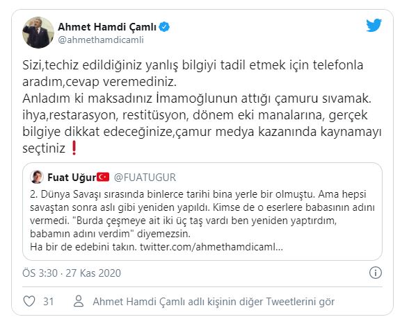 Polat'tan Çamlı'ya: Tarihi çeşmeyi aileniz söküp yerine apartman yaptı