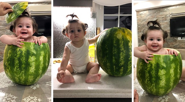 Sıcaklardan bunalan Alya bebek karpuzun içinde serinledi