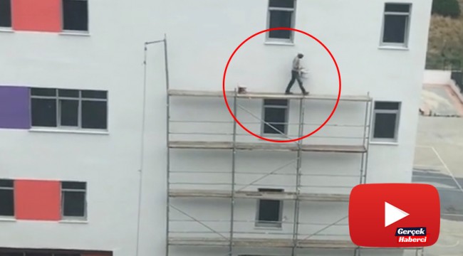 Metrelerce yükseklikte hiçbir güvenlik önlemi almadan çalışan işçi yürekleri ağızlara getirdi