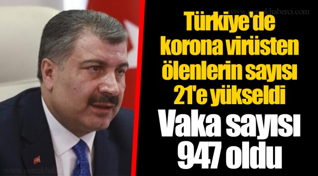 Türkiye'de korona virüsten ölenlerin sayısı 21'e yükseldi Vaka sayısı  947 oldu