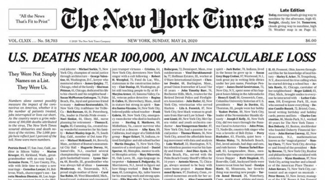 New York Times, ilk sayfasında salgında yaşamını yitirenlerin isimlerine yer verdi