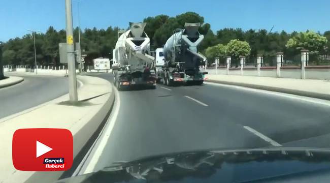 Beton mikserlerinin tehlikeli yarışı kamerada