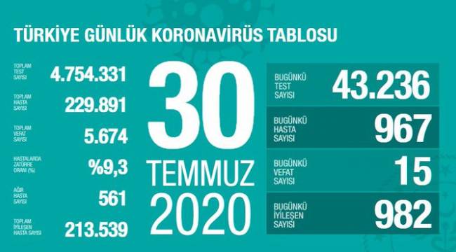 Türkiye'de koronavirüs nedeniyle 15 kişi daha hayatını kaybetti: Yeni vaka sayısı 967
