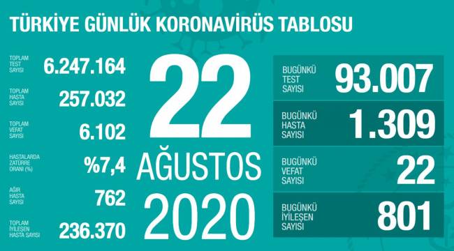 Türkiye'de 24 saatte 1309 yeni vaka tespit edildi, 22 kişi hayatını kaybetti