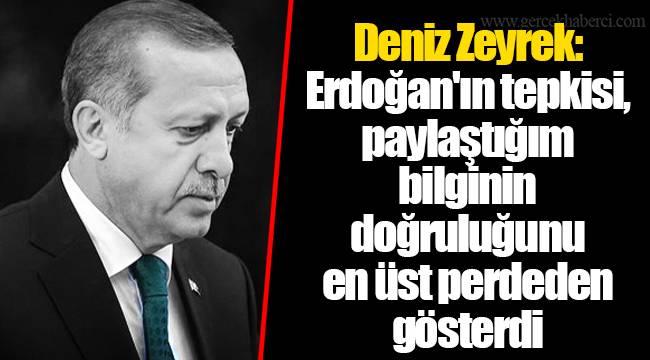 Deniz Zeyrek: Erdoğan'ın tepkisi, paylaştığım bilginin doğruluğunu en üst perdeden gösterdi