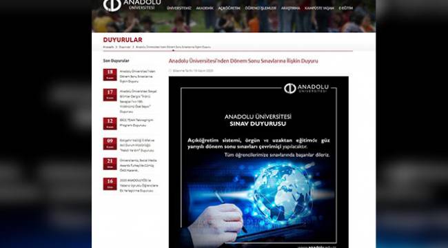 Anadolu Üniversitesi’nde dönem sonu sınavları çevrimiçi olarak yapılacak