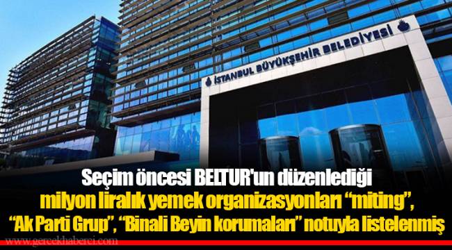 Seçim öncesi BELTUR'un düzenlediği milyon liralık yemek organizasyonları "miting", "Ak Parti Grup", "Binali Beyin korumaları" notuyla listelenmiş