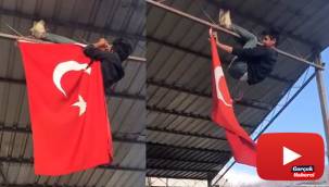 Üniversite öğrencisi ipi kopan Türk bayrağını canı pahasına düzeltti