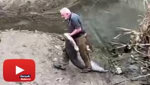 Yeşilırmak’ta boyu kadar balığı böyle yakaladı