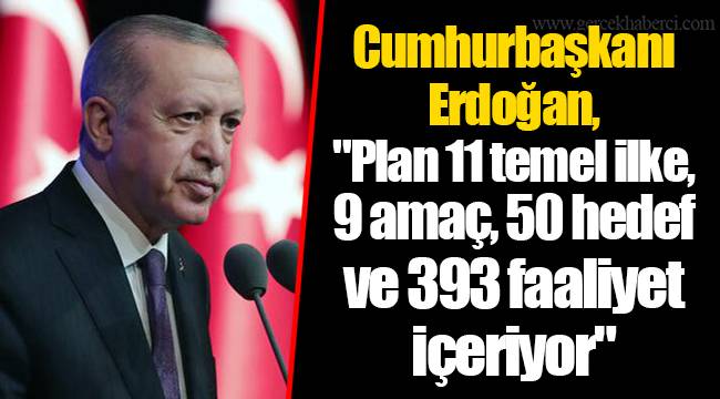 Cumhurbaşkanı Erdoğan, "Plan 11 temel ilke, 9 amaç, 50 hedef ve 393 faaliyet içeriyor."