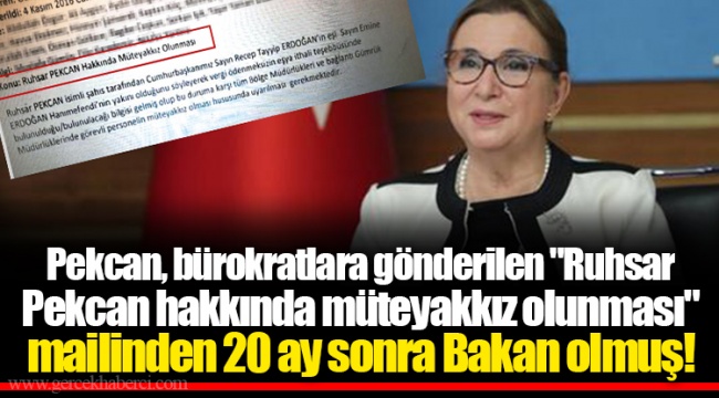 Pekcan, bürokratlara gönderilen "Ruhsar Pekcan hakkında müteyakkız olunması" mailinden 20 ay sonra Bakan olmuş!