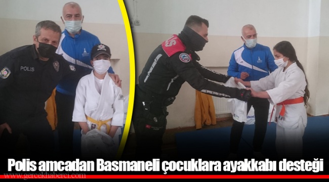 Polis amcadan Basmaneli çocuklara ayakkabı desteği