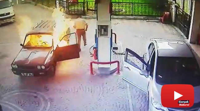 Akaryakıt istasyonundaki otomobil alev topuna döndü