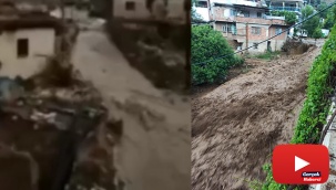 Şiddetli yağış köydeki yolları dereye çevirdi