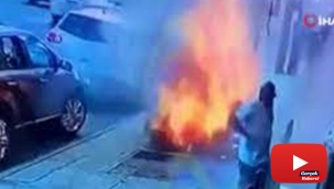 Kaldırımda meydana gelen patlamada alevlerin arasında sağ çıktı