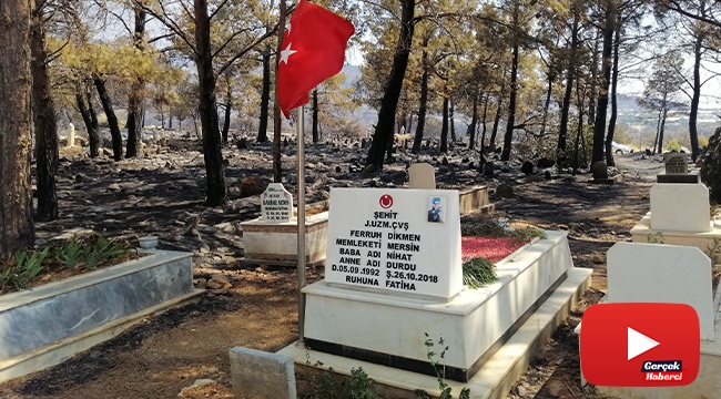 Mezarlık yandı, şehidin mezarı ve bayrak sapasağlam ayakta kaldı