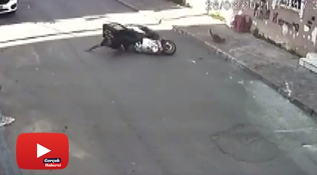 Önüne fırlayan kediyi son anda fark eden motosikletli kaza yaptı