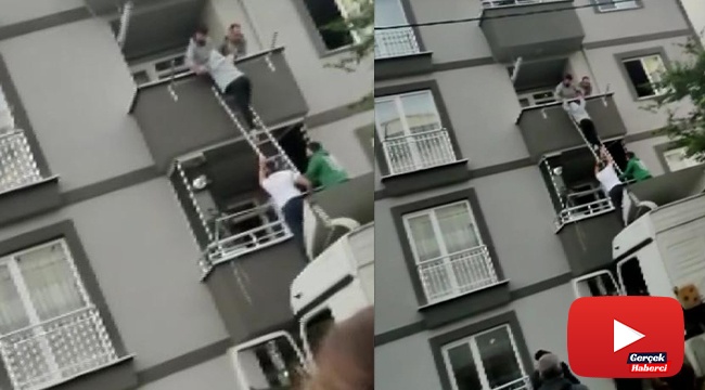 Tırın üzerinden balkona merdiven uzattılar, mahsur kalanları kurtardılar