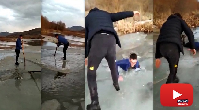 Nehirde buz kütlesini sal olarak kullanan gençlerden suya düşen boğulma tehlikesi atlattı