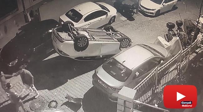 Araca çarpıp kadınlardan kaçarken takla attı