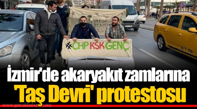 İzmir'de akaryakıt zamlarına 'Taş Devri' protestosu