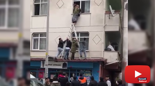 Mahallelinin merdivenli yangın kurtarma operasyonu