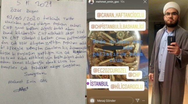Mermi dolu kavanozla tehdit etmişti, özür mektubu ortaya çıktı
