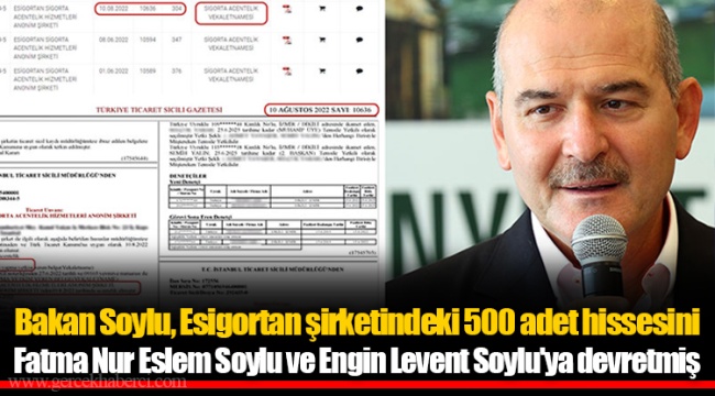 Bakan Soylu, Esigortan şirketindeki 500 adet hissesini Fatma Nur Eslem Soylu ve Engin Levent Soylu&#039;ya devretmiş