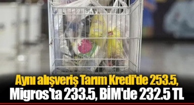 Aynı alışveriş Tarım Kredi'de 253.5, Migros'ta 233.5, BİM'de 232.5 TL