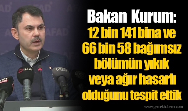 Bakan  Kurum:  12 bin 141 bina ve 66 bin 58 bağımsız bölümün yıkık veya ağır hasarlı olduğunu tespit ettik