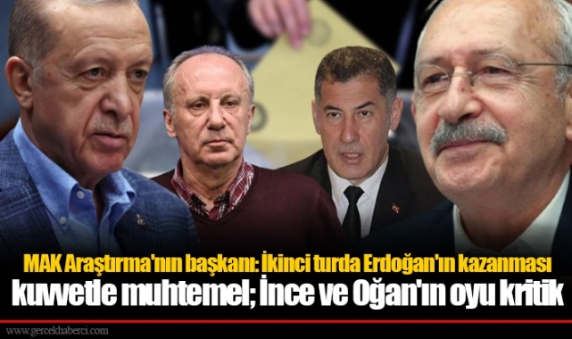 MAK Araştırma'nın başkanı: İkinci turda Erdoğan'ın kazanması kuvvetle muhtemel; İnce ve Oğan'ın oyu kritik
