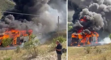 Yolcu otobüsü alev topuna döndü! Şoför yolcuları son anda tahliye etti