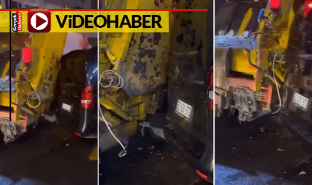 Çöp arabası yolu kapatan aracı ezdi geçti