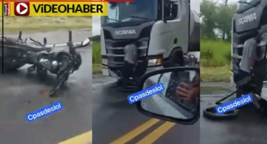 Böyle kaza görülmedi... Motosikletlinin başı TIR'a sıkıştı